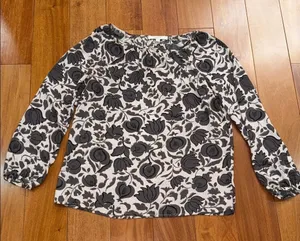 LOFT Women's pink & brown floral boat neck‎ long sleeve blouse Size M thumbnail 1