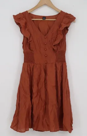 SHEIN Rust Orange Smocked Waist Ruffle Mini Dress V-Neck Size S thumbnail 1