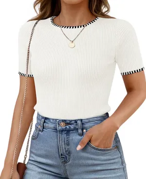 Ribbed, Slim Fit Business Casual Top White Size M thumbnail 1