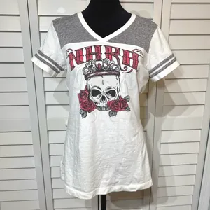 NHRA Racing Womens Graphic Tee L Skull Roses Crown‎ Gray White V Neck DistRICT thumbnail 2