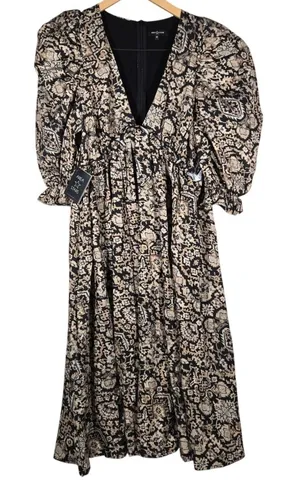 Area Stars Medallion Midi Dress Tan Black Puff Sleeve‎ V-Neck Size M NEW thumbnail 1