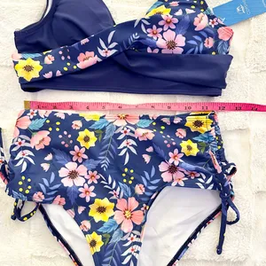 New CUPSHE Ruched Cinch Side Bottom Twist Front Blue Floral Beach Boho Bikini Sm thumbnail 6