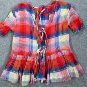 Zara Plaid Tie Back Peplum Shirt Womens Small Red Short Sleeve Ruffle Round Neck thumbnail 1