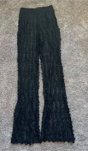 PrettyLittleThing Black Textured Flare Trousers thumbnail 1