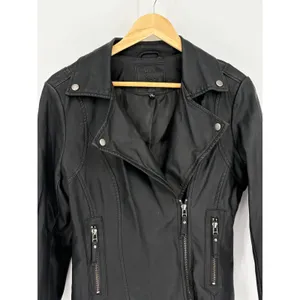 Max Studio Moto Jacket Women M Black Faux Leather Biker Asymmetric Zip Edgy thumbnail 5