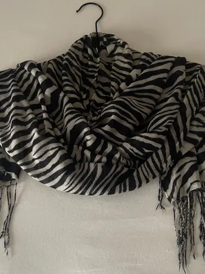 New York & Company Black and White Zebra-Striped Fringe Scarf thumbnail 3