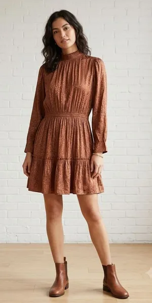 Madewell Mockneck Ruffle Hem Mini Dress Cheetah Jacquard Smocked Brown Copper M thumbnail 1