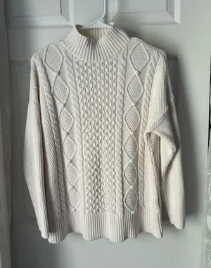 J. Crew Cotton Cable Knit Mock Neck Pullover Cozy Preppy Turtleneck Sweater sz M thumbnail 1
