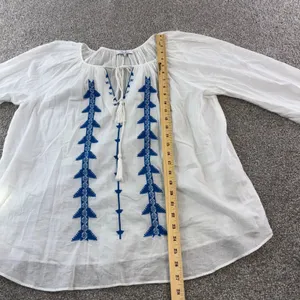Parker NY Woman's M White Blue Embroidered Tassel Tie Neck Cotton Tunic Top Boho thumbnail 3