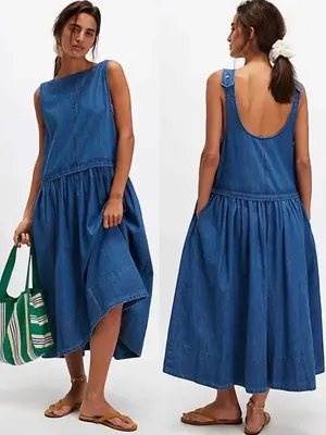 Free People XL Retro 90s Soraya Light Denim Sky Drop Waist Midi Jumper Dress thumbnail 2