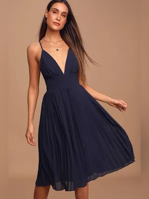 Lulu’s Love Me To The Moon Navy Blue Pleated Midi Dress thumbnail 3