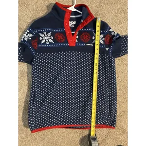 Lands' End navy blue fleece pullover white snowflake dot pattern Small thumbnail 5