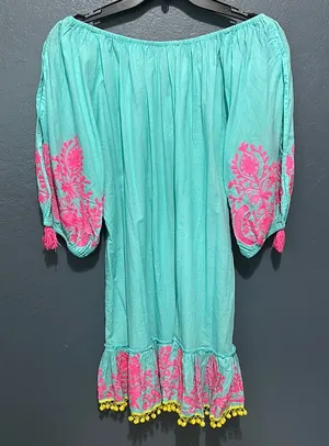Boutique Aqua Off-Shoulder Dress coverup with Pink Embroidery thumbnail 1