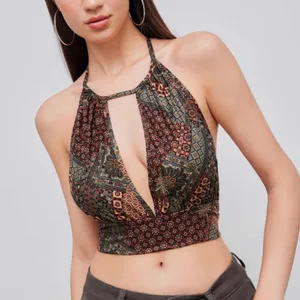 Cider X-small Woven Halter Aztec Knotted Back Crop Top thumbnail 1