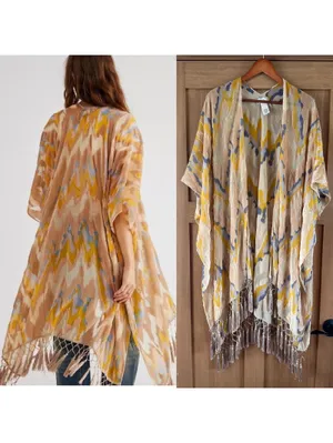 Free People Dripping Velvet Burnout Fringe Kimono Duster Yellow Women’s ONE SIZE thumbnail 2