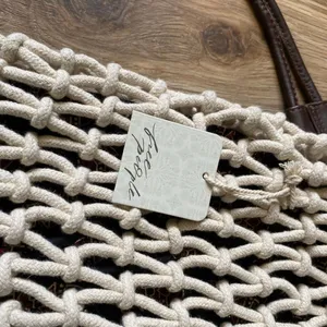 Free People Ivory Macrame Crochet Bucket Bag Boho Drawstring Tote NWT thumbnail 8