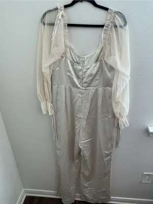 Lulu's Cream Satin Jumpsuit with Sheer Puff Sleeves thumbnail 6