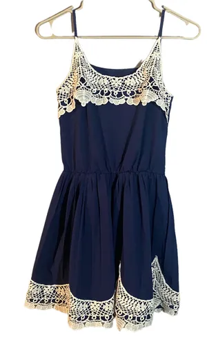Navy Blue & Lace Embroidered Applique Sleeveless Fit & Flare Dress Women Sz S thumbnail 1
