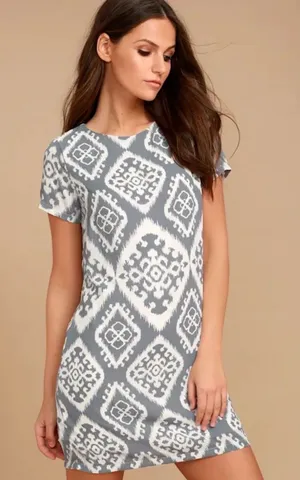Lulus NWT Small Grey Ivory Geometric Slate Print Shift Dress Old Money Chic thumbnail 1