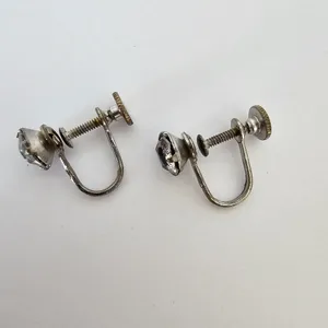 Vintage Solitaire Rhinestone Screw Back Earrings Silver Tone Mid-Century Classic thumbnail 4