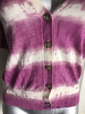 LOFT Light Cotten Short Sleeve Tie-Dye Cardigan Sweater in Pink & White thumbnail 4