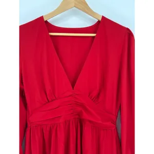 UMENLELE Red Long Sleeve Ruched V Neck‎ Mini Dress Women's Size Medium thumbnail 4