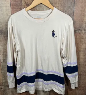 Victoria's Secret PINK Long Sleeve Campus Tee Purple Navy Stripe Small Dog Logo thumbnail 1
