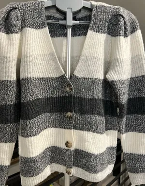 Vince Camuto Puff Sleeve Button Front Gray & Cream Striped Cardigan size small thumbnail 1