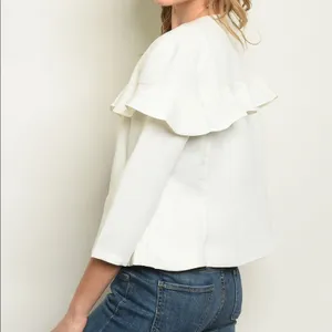 Ivory Ruffle Jacket Lightweight Zip Front Cropped Blazer Lined Size Small NWT White thumbnail 3