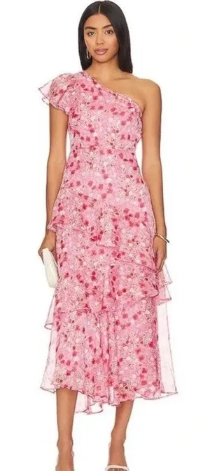 ASTR the Label Revolve One-Shoulder Pink Floral Ruffle Tiered Midi Dress Size M thumbnail 1