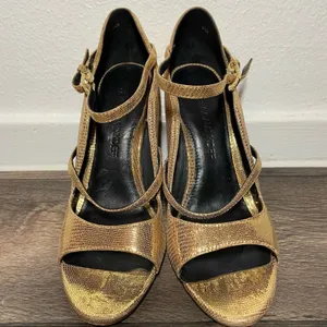 Rebecca Minkoff Penny Heels Mary Janes Scalloped Croc Embossed Gold 6.5 thumbnail 3