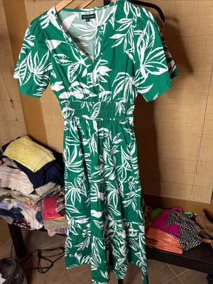 Meadow Rhodes Green White Tropical Leaf Cotton Midi Dress Size Small thumbnail 2