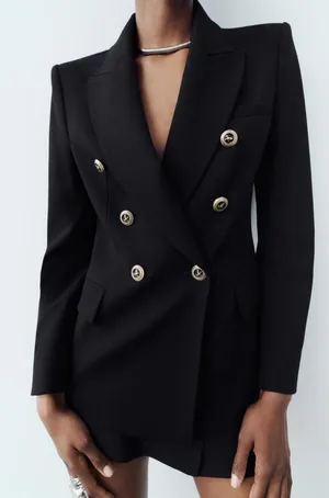 Zara Double Breasted Black Blazer Gold Buttons Padded XS thumbnail 1