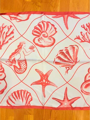 Coral Red and White Sea-Themed Satin Polyester Scarf with Mermaid and Shell Moti thumbnail 3