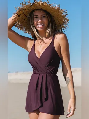 Cupshe Deep Plum Wrap One-Piece Swim Dress thumbnail 4