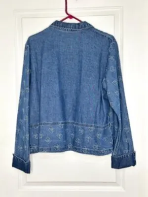 Vintage 90s Embroidered Denim Shirt Jacket Size 14 | 100% Cotton Jean Shacket thumbnail 3