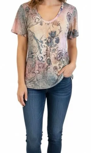 Y2K Multicolor Boho Floral Vneck TShirt Blouse L Pink Green Yellow Muted thumbnail 1