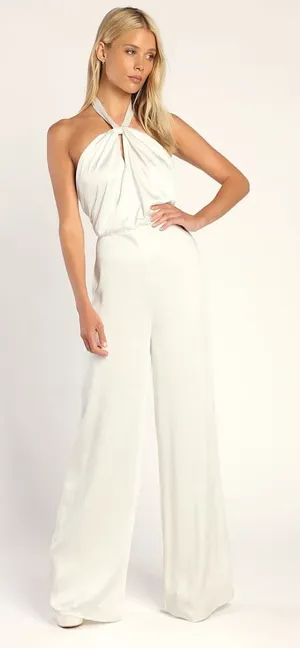 NWT Lulus Adoring Angel Ivory Satin Wide-Leg Halter Jumpsuit Luxurious Soft Sz S thumbnail 1