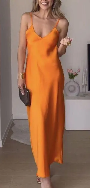 ZARA dress maxi midi hot orange satin effect wedding party cocktail thumbnail 2