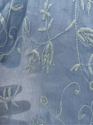 SUNDANCE Blue Embroidered Silk Short Sleeve Sheer Overlay Blouse Top Sz large thumbnail 6