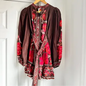 NWT Farm Rio Gigi Tapestry Belted Mini Dress Floral Brown and Red thumbnail 2