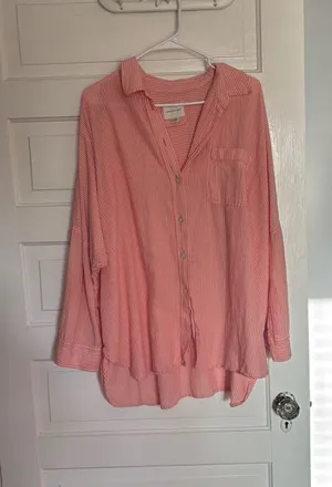 American Eagle Coral Striped Oversized Cotton Blend Button-Up Beach Shirt thumbnail 1