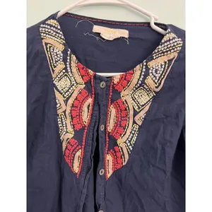 Anthropologie Hei Hei‎ Embroidered Button Down Blouse 0 Tunic Blue Red thumbnail 4