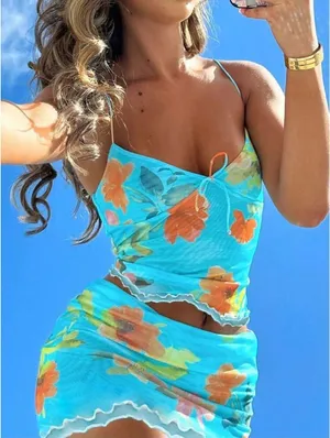 SheIn Baby Blue Vacation Mesh Two Piece Set With Floral Design Tropical thumbnail 1