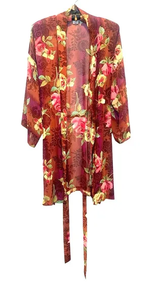 Private Luxuries Sheer kimono Robe Red with Pink Rose Floral Print Size L thumbnail 1