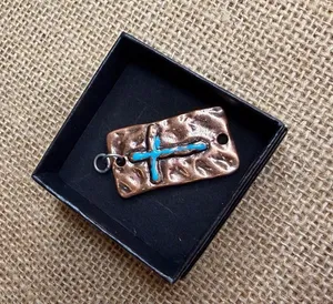 Turquoise-Inlaid Copper Cross Pendant With Rustic Textured Finish Handmade Recta thumbnail 1