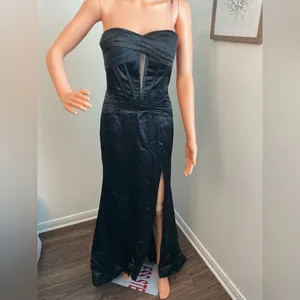Black Satin Strapless Corset Slit Maxi Gown Formal Dress thumbnail 4