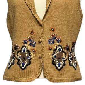 Koret Lambswool Angora Rabbit Sweater Vest Vintage Brown Tan Blue Flower Large thumbnail 2