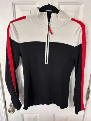 Ralph Lauren Color Block 1/4 zip Sweater~Logo Crest Sleeve Black/Cream/Red~PS thumbnail 1