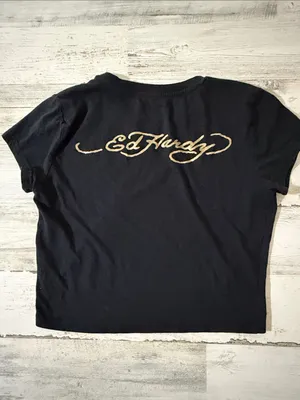 Ed Hardy Black Crop Baby Doll Tee with Red Butterfly & Gold Script thumbnail 4